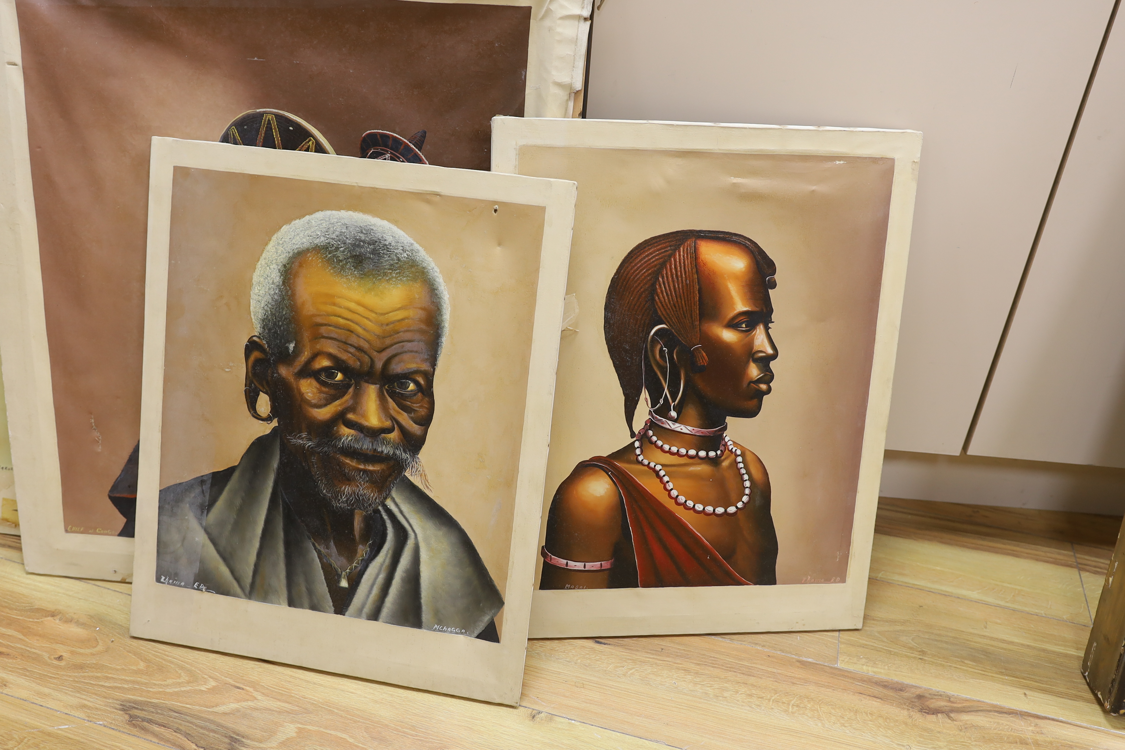 African School, four oils on canvas, including ‘Chief of Congo’ and ‘Bakuria Dance’, unframed, largest 72 x 62cm